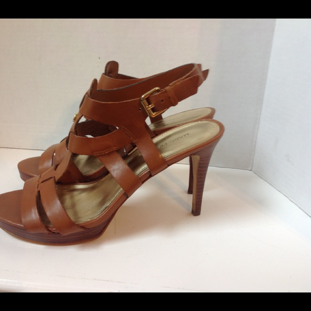 Marc Fisher Brown Leather Sandals Heel Strappy Tan